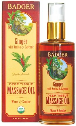 Deep Tissue Massage Oil, Ginger with Arnica & Cayenne, 4 fl oz (118 ml) by Badger Company, 保健，護膚，按摩油 HK 香港