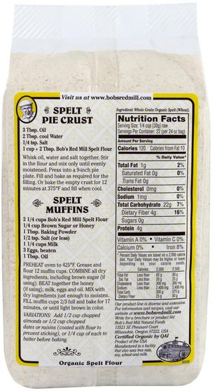 食物，麵粉和混合物 - Bobs Red Mill, Organic Spelt Flour, Whole Grain, 24 oz (680 g)